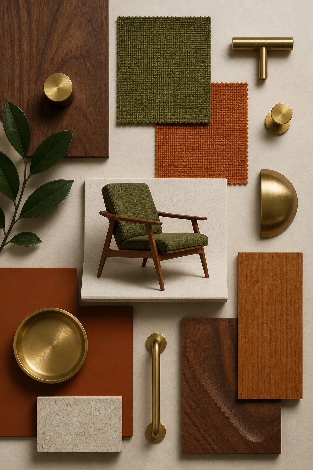 An overhead flat-lay composition of mid century modern design elements including wood grain samples in walnut and teak, fabric swatches in avocado green and burnt orange, brass hardware pieces, and a small architectural model of a chair showing clean geometric lines