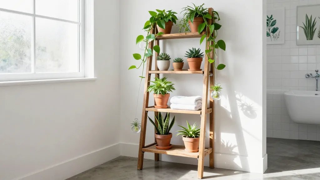 A serene spa-like bathroom featuring a vintage wooden ladder shelf leaning against a pristine white wall, each rung displaying different varieties of lush green plants in terracotta and ceramic pots, including trailing pothos cascading down the rungs, small succulents on upper shelves, and a thriving snake plant at the base, natural morning light streaming through a frosted window illuminating the botanical display, white subway tile walls, a rolled white towel placed on one rung, polished concrete floor, additional small air plants in glass orbs hanging from S-hooks on the ladder sides, soft shadows creating depth, bright and airy atmosphere with minimal clutter, botanical prints barely visible on adjacent wall, chrome fixtures gleaming in the background, professional interior photography style with sharp focus and balanced composition