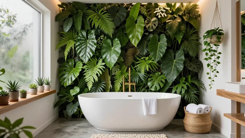 A luxurious spa-like bathroom featuring an abundant vertical living wall of mixed tropical plants including pothos, ferns, and philodendrons covering one entire wall from floor to ceiling, a freestanding white oval soaking tub positioned beneath the green wall with brass fixtures, natural light streaming through a frosted glass window creating soft shadows on the verdant foliage, polished concrete floors in warm gray tones, small potted succulents and air plants arranged on floating wooden shelves, a woven natural fiber basket containing rolled white towels beside the tub, delicate trailing ivy cascading from a macrame plant hanger in the corner, moisture droplets visible on the glossy plant leaves creating a fresh rainforest atmosphere, warm ambient lighting from recessed fixtures highlighting the texture of the plants, minimalist modern design with natural wood accents, pebble stone bath mat, and a serene color palette of whites, greens, and earth tones, photographed in ultra-high resolution with soft focus depth of field emphasizing the lush botanical elements