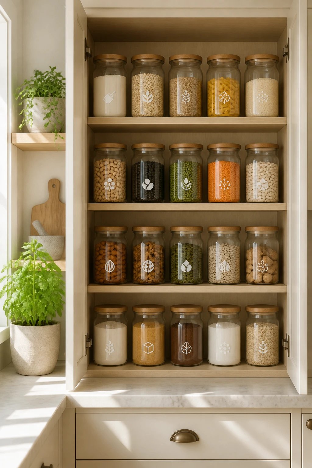 A sunlit, organized kitchen cabinet interior showing uniform glass jars labeled with simple icons, neatly arranged in stacked shelves with soft, neutral tones and a small potted herb on the countertop nearby.