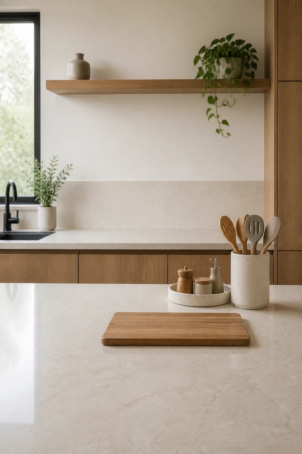 A spacious kitchen countertop with a minimal setup: only essential tools in a tray, color-coordinated utensils in a single container, a single cutting board, and open space that conveys breathing room.