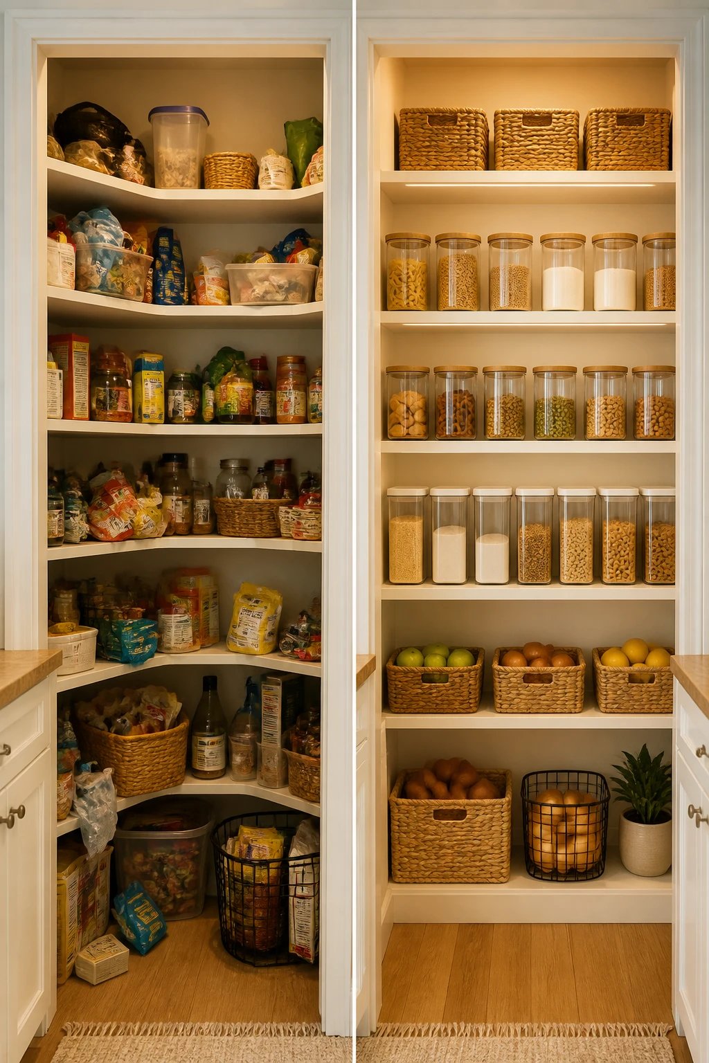 A before-and-after style comparison: left side crowded pantry with scattered items, right side pristine pantry with uniform canisters, labeled shelves, and clear containers, all in a warm, inviting kitchen.