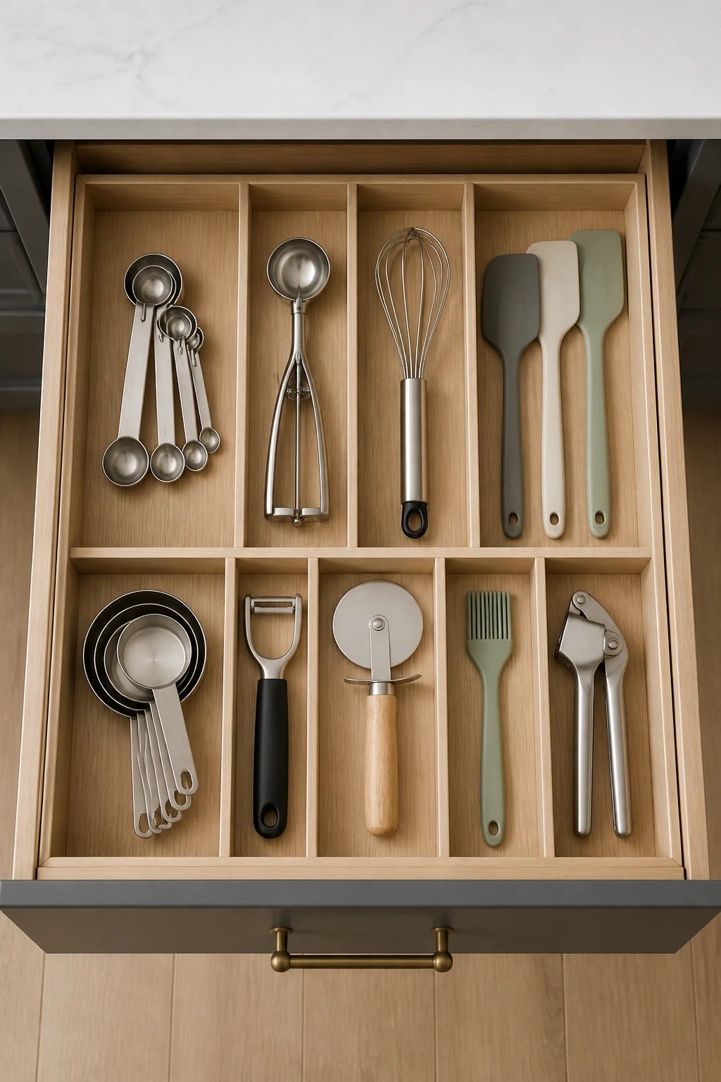 A top-down shot of a decluttered kitchen drawer system: dividers creating precise compartments for measuring spoons, spatulas, and small gadgets, with no clutter and a calm color palette.