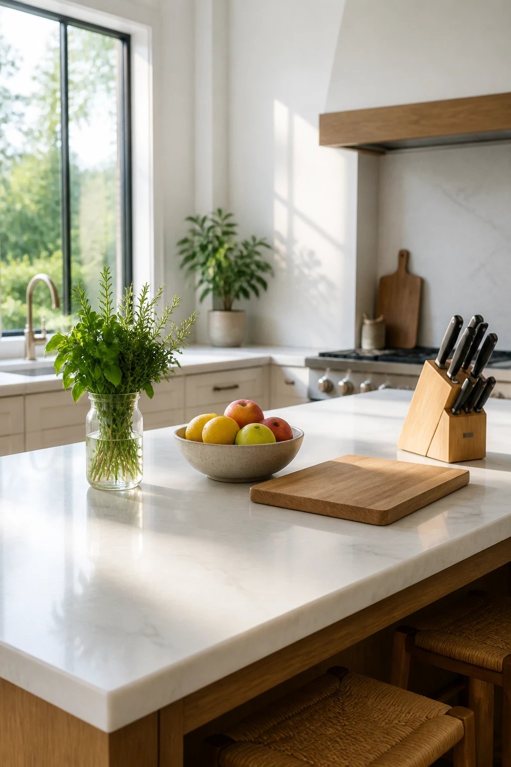 A bright morning scene of a decluttered kitchen island: one vase of fresh herbs, a single bowl of fruit, a clean cutting board, and a simple knife block, with natural light streaming in.