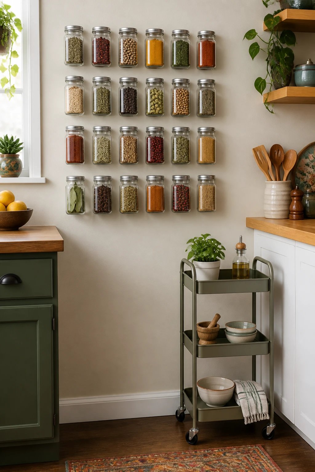 A whimsical but practical compact storage solution: wall-mounted magnetic spice rack with evenly spaced jars, plus a rolling cart tucked to the side with just a few essential items.