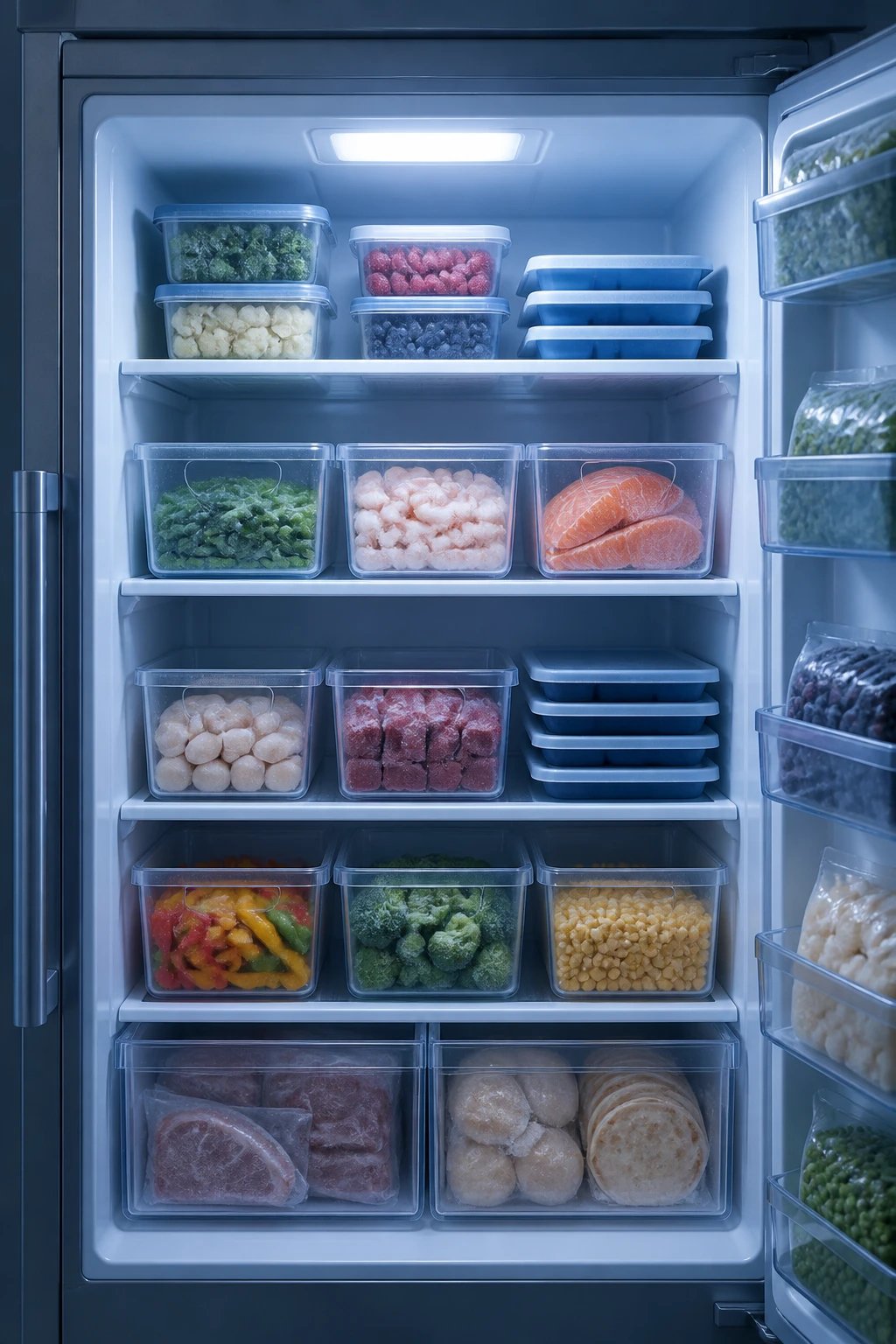 A tidy deep-freeze or fridge area: clear bins labeled with contents, staggered shelves, and a few power-freezing trays, all in a cool, blue-toned ambiance.