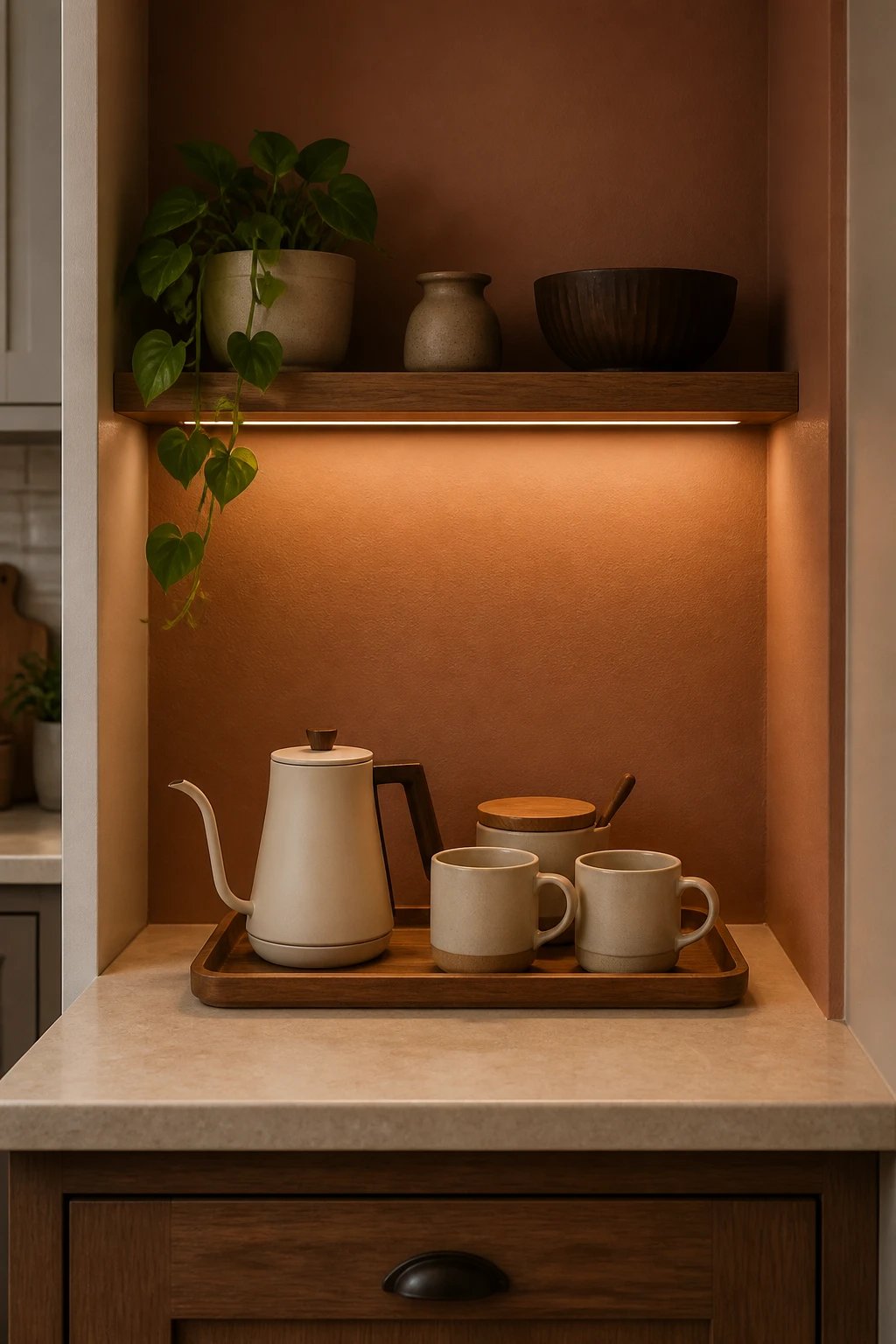 A cozy, clutter-free cooking nook: a small, efficient coffee/tea station integrated into the kitchen, with a single tray, matching mugs, and a minimal kettle, all against a warm wall color.