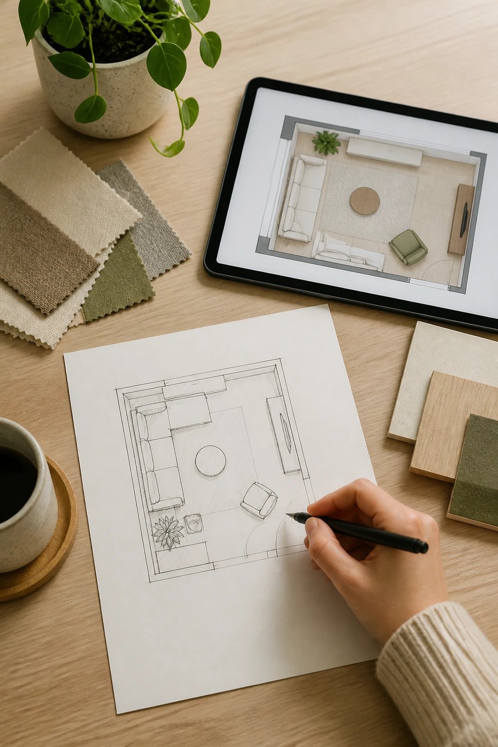 A minimalist plan-and-organize moment: a hand drawing a simple layout on paper beside a digital tablet, with color swatches and a small plant, implying a deliberate redesign of the space.