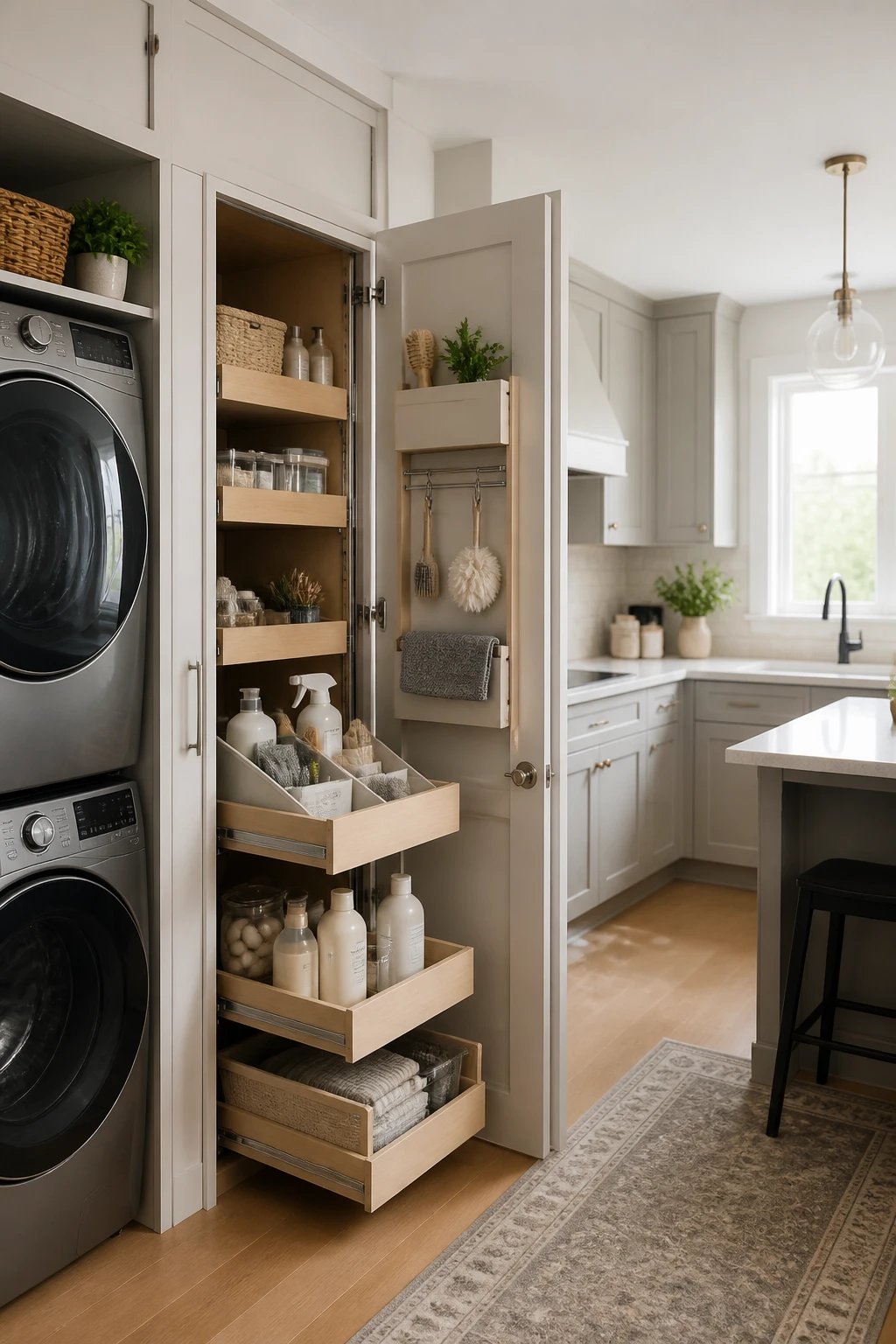 A calm, organized laundry-for-kitchen transition: a compact, hidden storage cabinet with pull-out organizers, showcasing how rehoming items reduces visible clutter while keeping tools accessible.