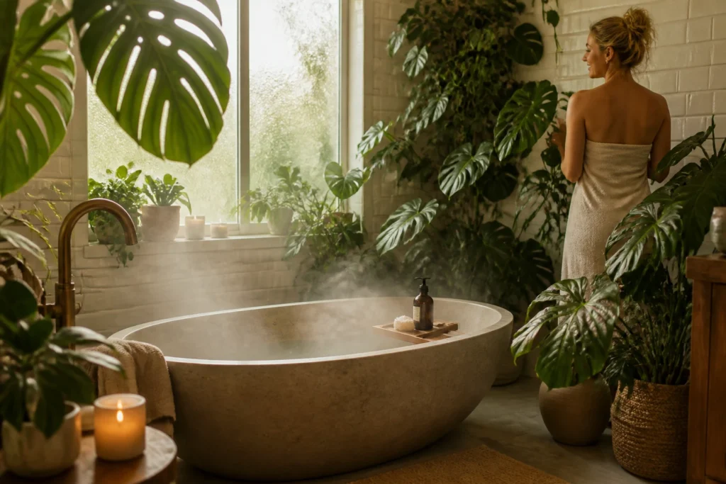 Bathroom Plant Decor Tips that bring tranquility and create a tropical spa feel in your bathroom.