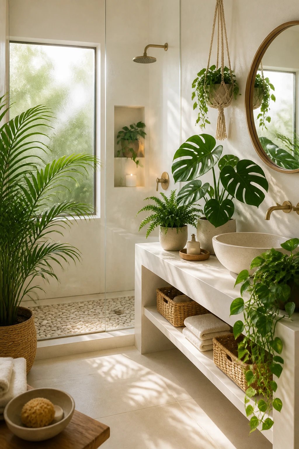A bright, airy bathroom with large tropical plants like monstera and Areca palm placed on a white vanity and shelf, soft natural light streaming through a frosted window, with diffused warm tones, a stone pebble shower mat, and a hanging macrame planter for a serene spa vibe, no text.