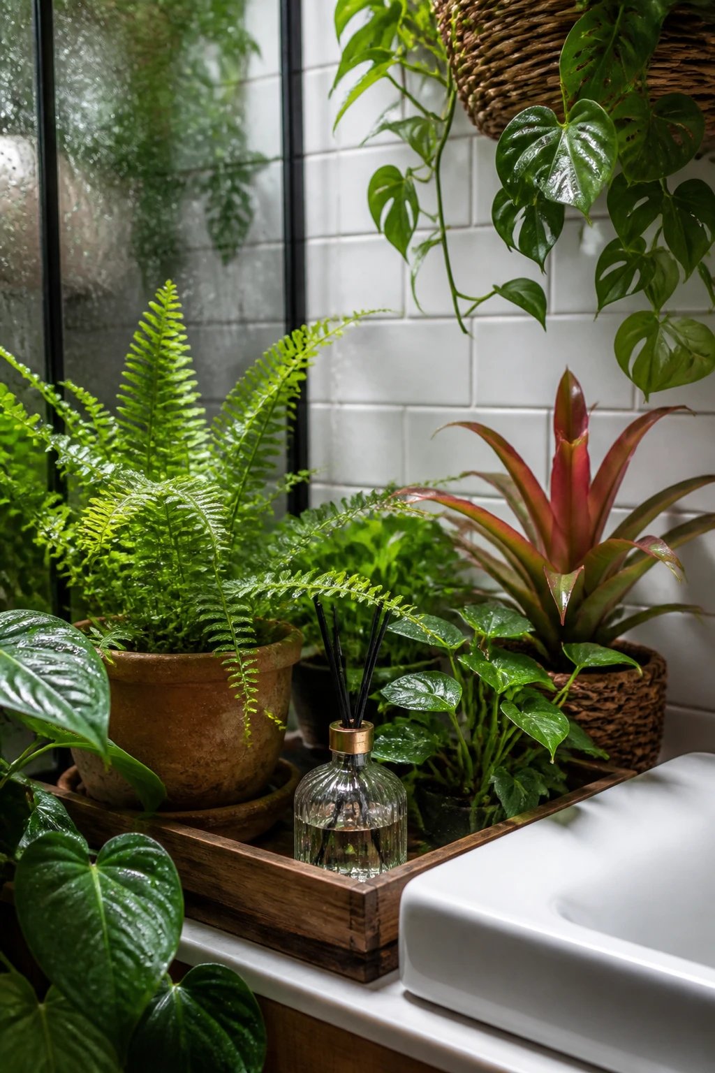 Close-up of a lush rainforest-inspired bathroom corner: humidity-loving plants such as ferns, philodendrons, and/bromeliads in clay and woven pots, a white subway tile backdrop, a wooden tray with lush greenery, and a glass diffuser bottle reflecting soft light.