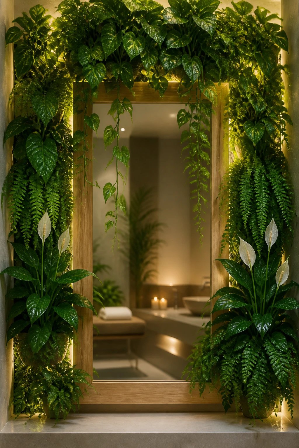 Spa-inspired wall display: a vertical herb/plant wall with trailing pothos, peace lily, and ferns arranged over a light oak framed mirror, subtle backlighting behind the plants to create a tranquil glow, water droplets on leaves catching the light, no text.