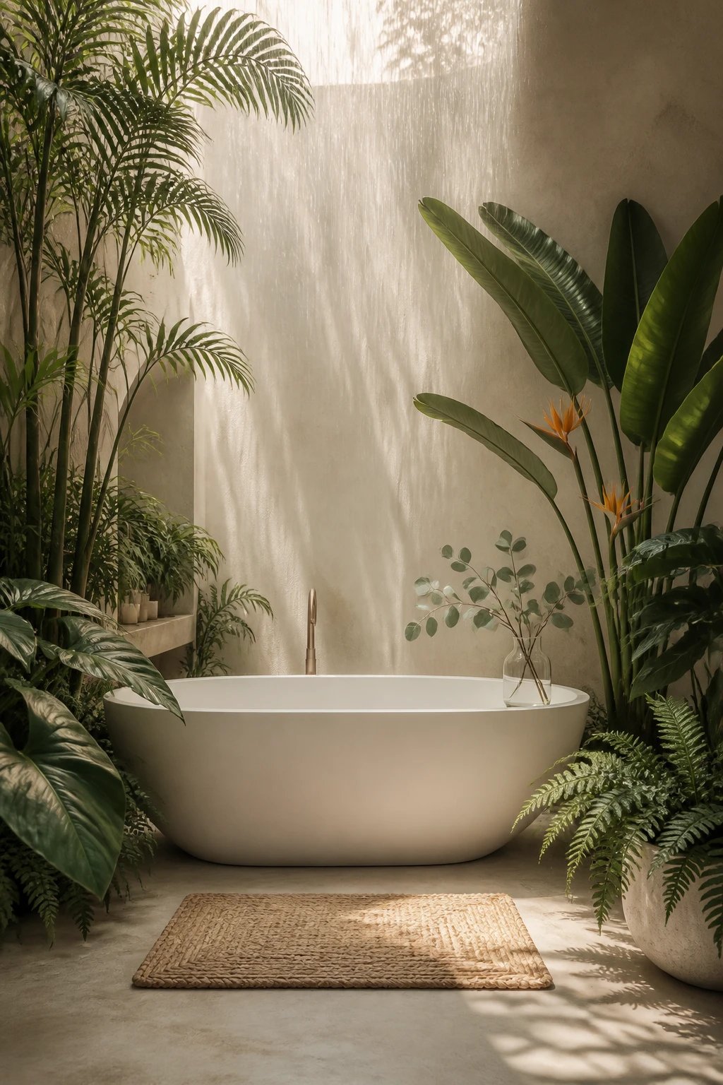Minimalist bathtub scene: a freestanding tub surrounded by a canopy of tropical plants, tall areca palm and bird of paradise, a woven bath mat, eucalyptus sprigs in a clear vase on the rim, soft rain-like light creating a calm, spa-like atmosphere.