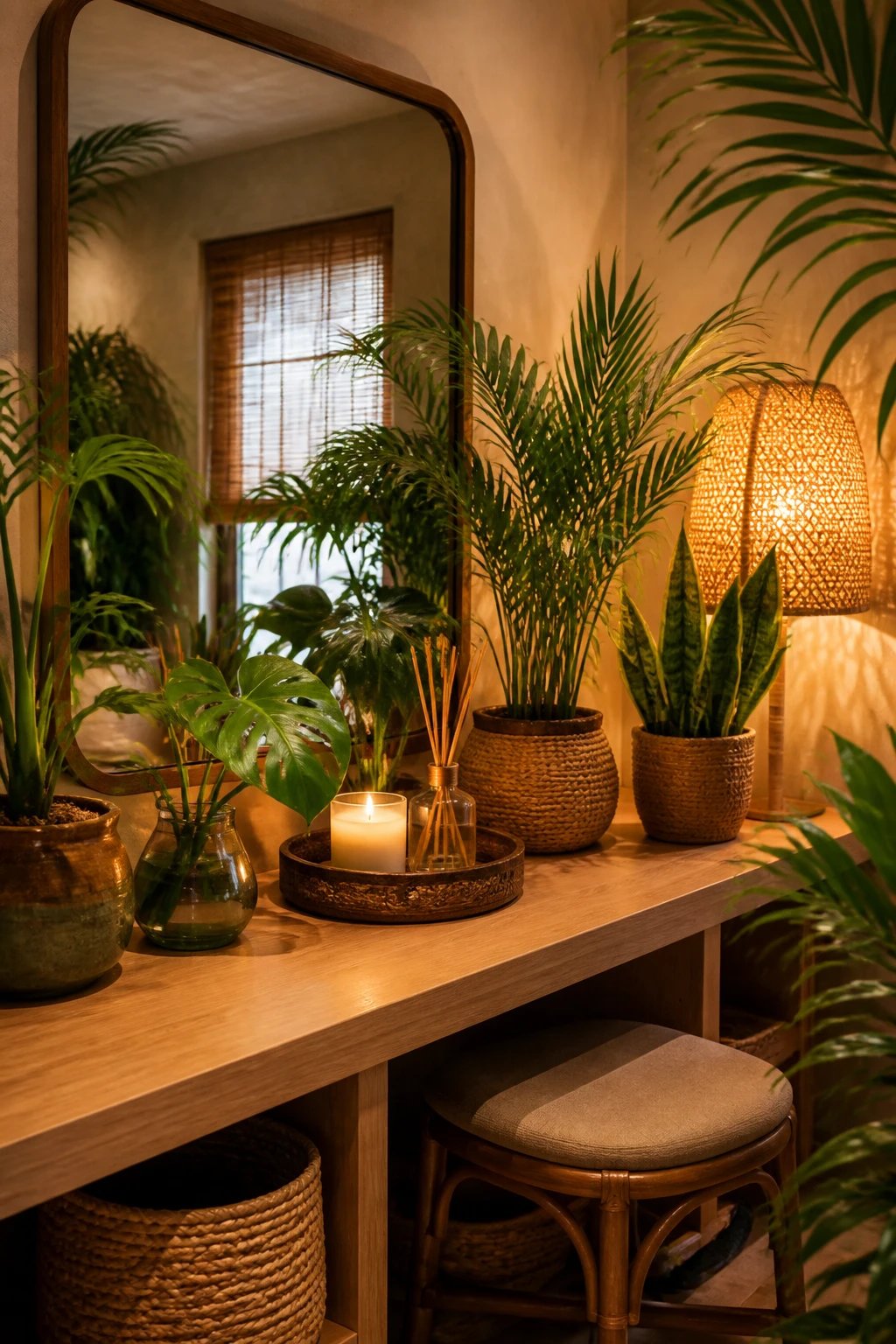 Vanity nook with lush greenery: a long countertop lined with small potted palms, monstera cuttings, and snake plants, a tray holding a scented candle and diffuser, natural wood tones, rattan baskets, and a diffuse warm lamp casting a tropical glow.