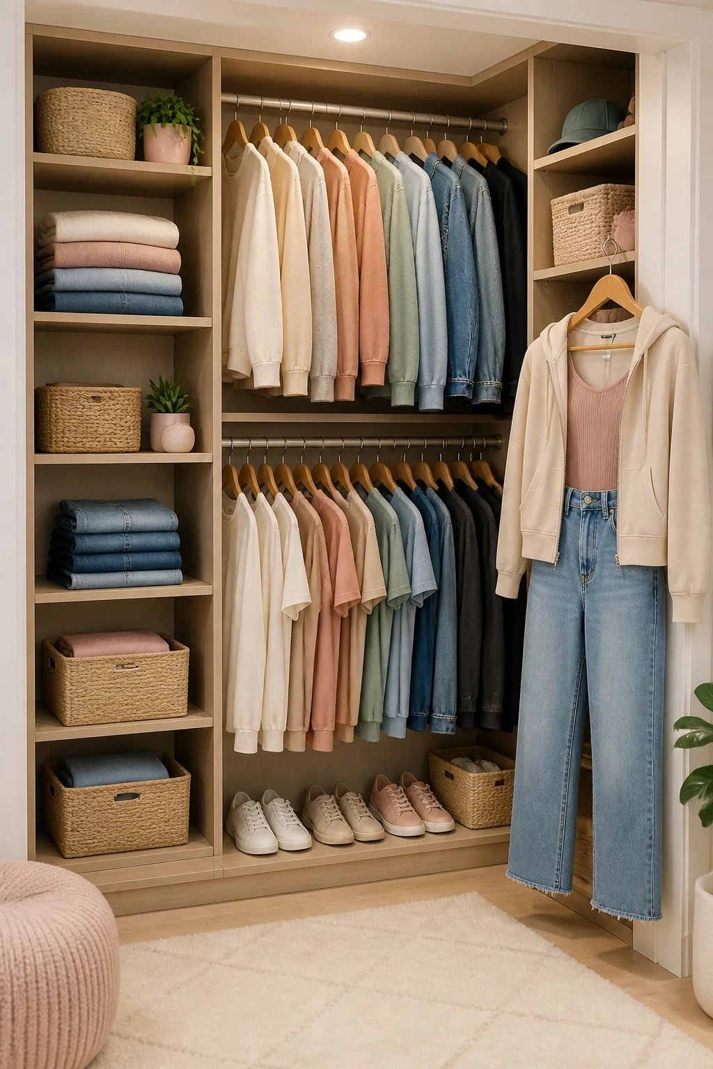 A teen’s closet organize-and-overhaul scene: a sleek, well-lit reach-in closet with a double hanging rod system, separate shelves for folded tees and jeans, labeled woven baskets for accessories, a neutral wood finish with subtle matte pastel accents, and a neatly hung outfit on a hanger to illustrate a “clearly defined home” for items, no text visible.