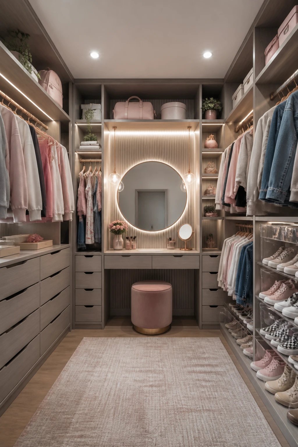 A wide-angle shot of a transformed closet interior focusing on smart storage: modular drawers beneath hanging spaces, clear acrylic dividers for shoe storage, a small, stylish vanity area with a compact mirror and soft ambient lighting, all in a chic, cohesive color palette (soft grays, warm wood tones, and muted blush accents), no text included.