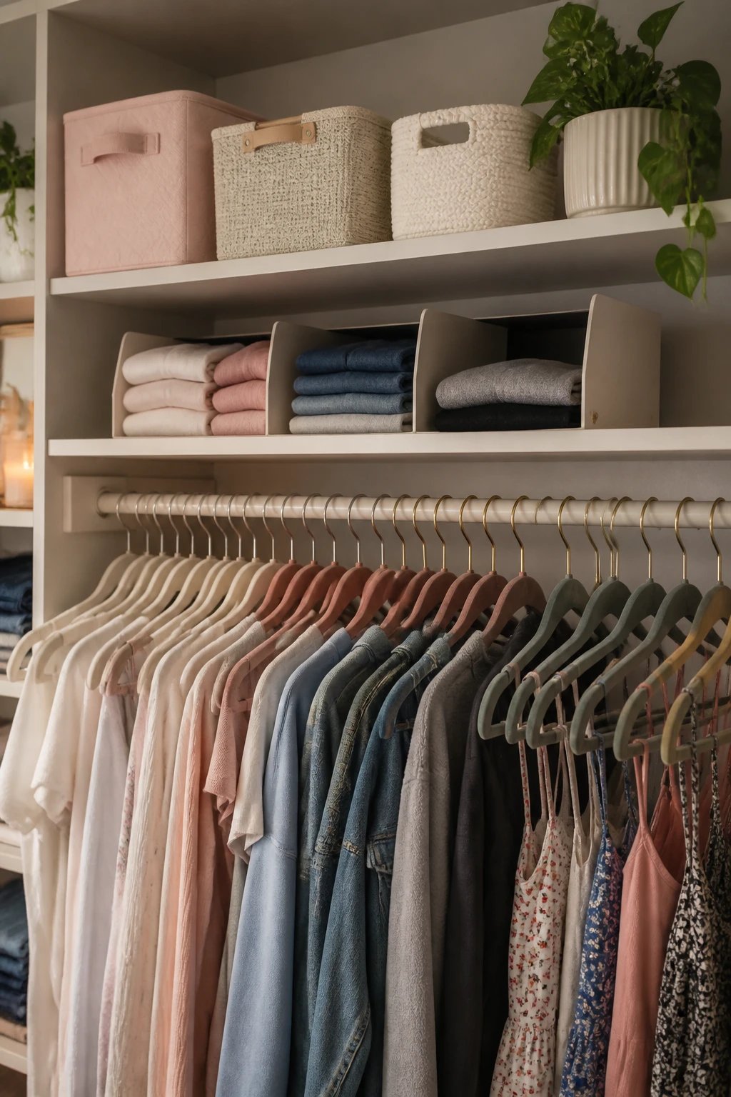 An aspirational detail shot of finishing touches: decorative storage bins, a tip-resistant shelf organizer, a row of uniquely styled hangers for different categories (tops, jackets, dresses) and a small plant on a top shelf, capturing a personal yet polished vibe with tidy, color-coordinated organization, no text.