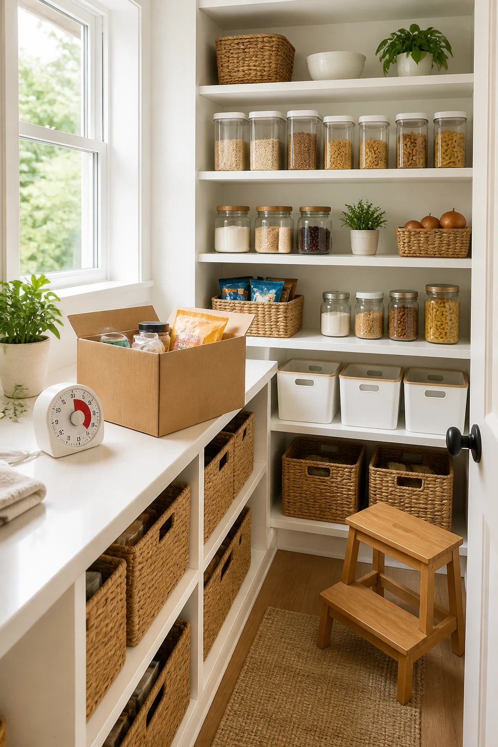 A bright, well-organized pantry scene with clear daylight, showing a quick purge in progress: a timer on the counter, a cardboard box for decluttering, and a neat layout of labeled containers and baskets, with a few selectively kept items arranged neatly on shelves and a small stool for reach-ability.