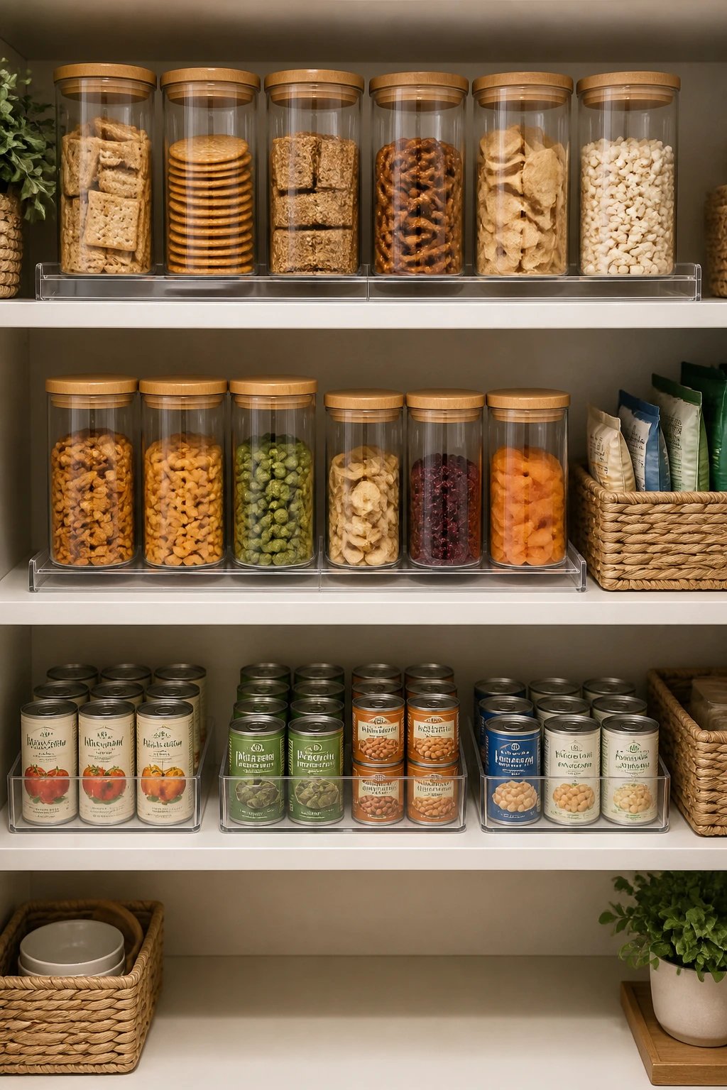 A close-up of uniform, transparent storage jars and labeled risers/baskets in a pantry, showcasing an aesthetically pleasing color-coordinated arrangement, with items grouped by category (crackers, snacks, canned goods) and a partially empty shelf to imply a recent purge.