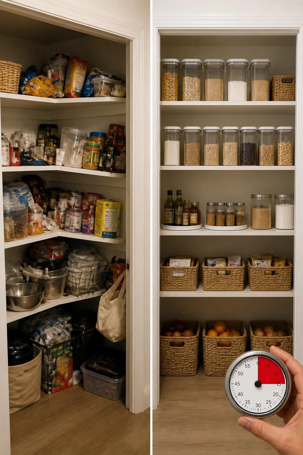 A before-and-after styled split image: left side cluttered pantry with misaligned shelves and random items, right side transformed pantry with tidy shelves, uniform containers, and a visible 15-minute timer in the frame suggesting a rapid reset.