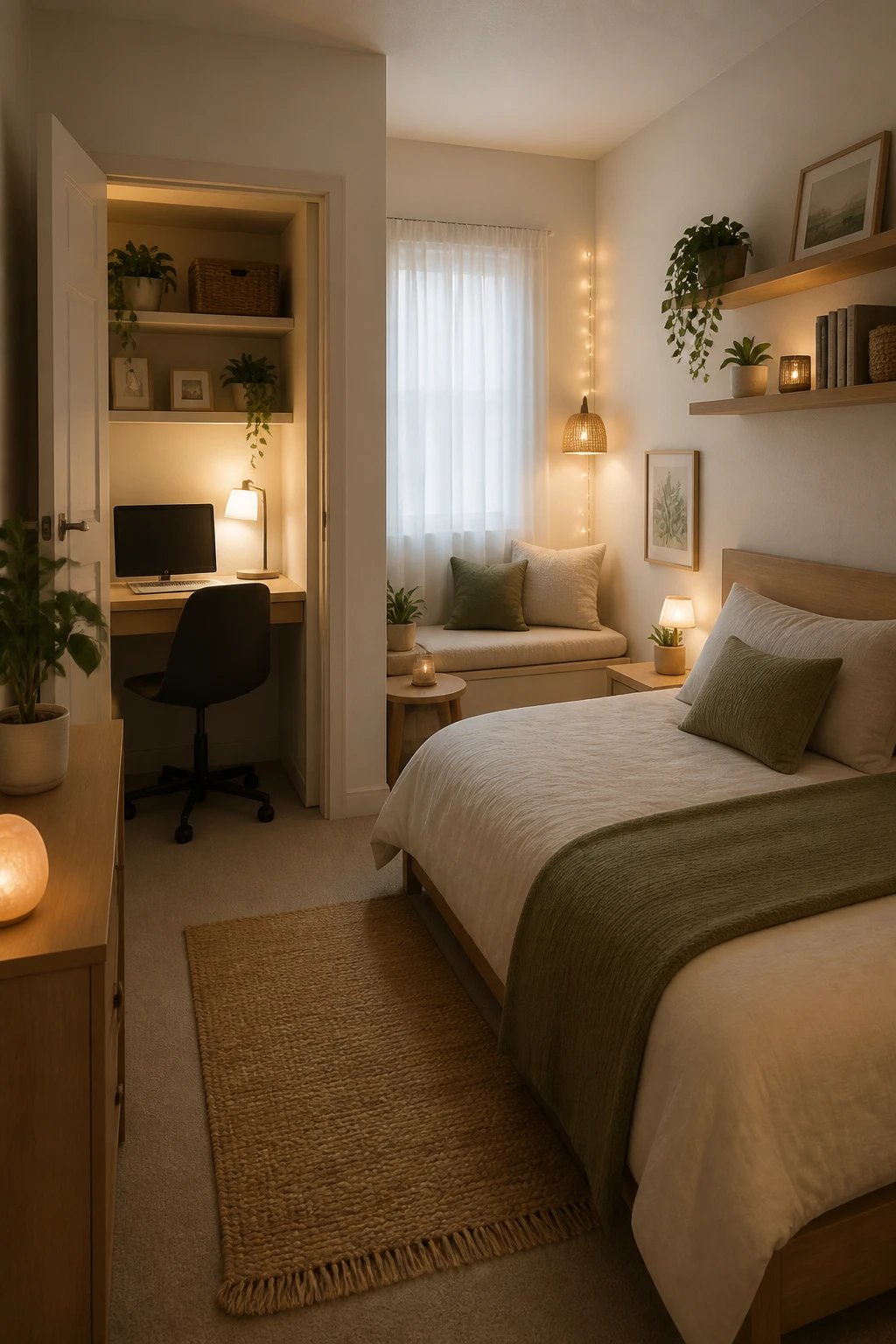 5 foot room showing a rearranged layout with a small workstation inside a repurposed closet, a bed with a minimal headboard, open wall shelves, and a cozy study nook, all featuring budget-friendly decor and soft ambient lighting (no people, no text).