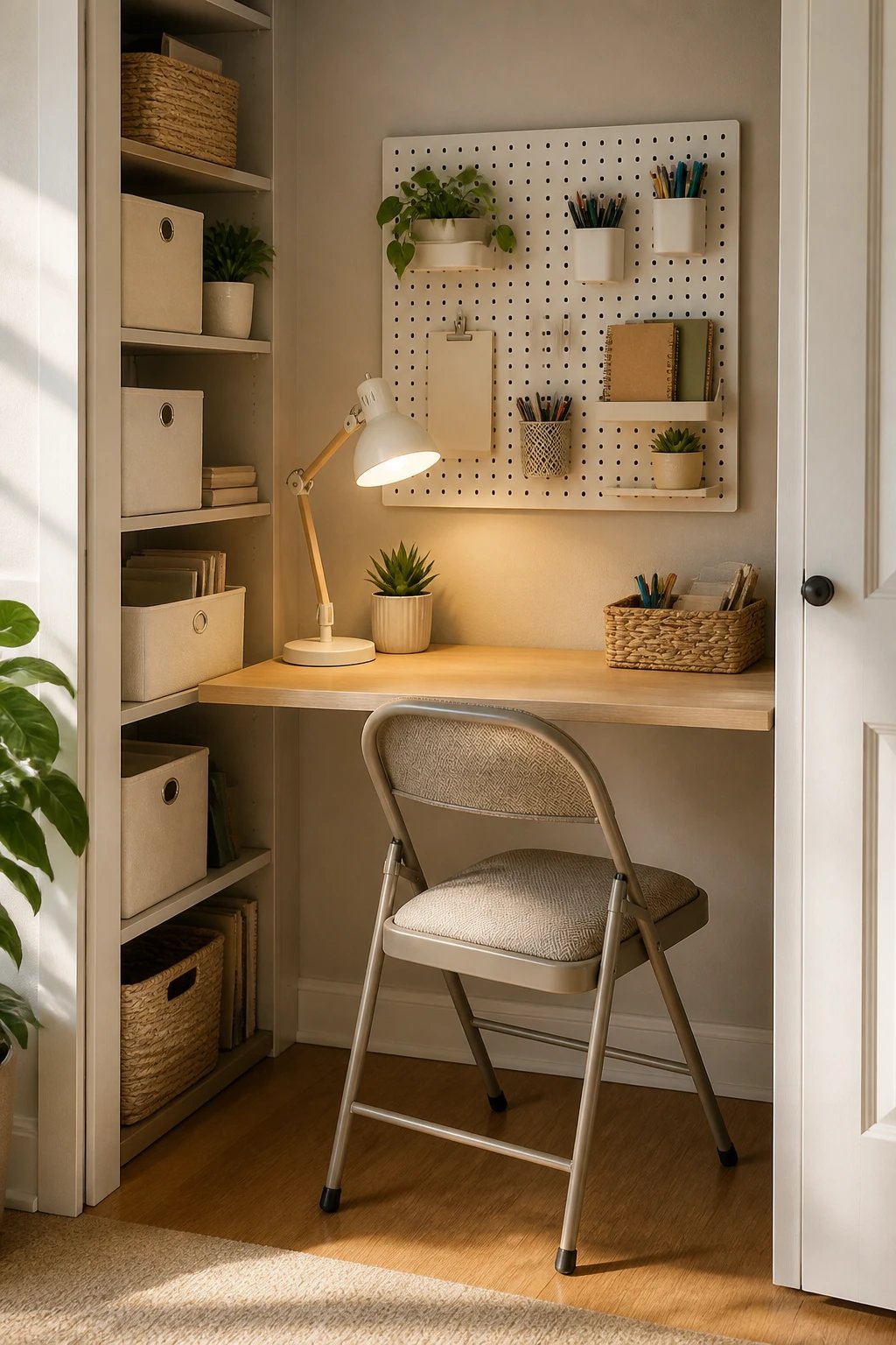 A close-up of economical storage solutions: open desk in a closet nook with slim shelves, labeled storage bins, and a wall-mounted pegboard for supplies, complemented by a budget-friendly desk lamp and a foldable chair, warm natural light and tidy, clutter-free surfaces.