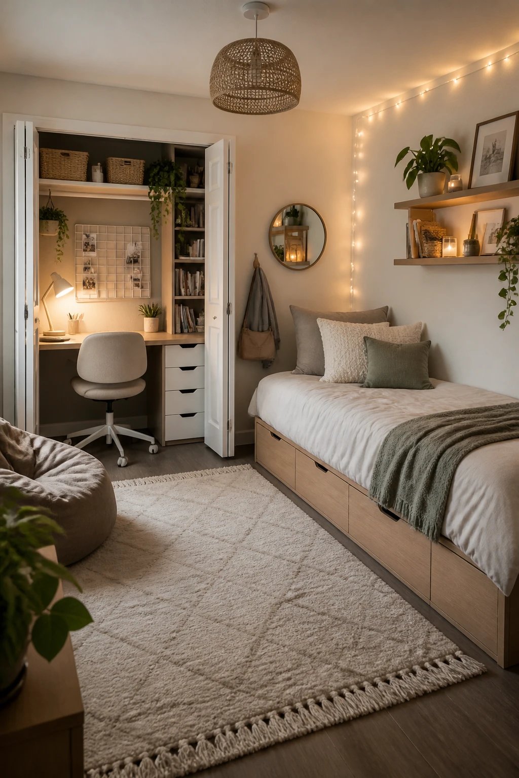 A wide-angle shot of the finished teen room with zones for study, sleep, and storage: a compact desk area integrated into a closet, a small bed with under-bed storage, wall-mounted shelving, fairy lights, and a neutral color palette, demonstrating a stylish, affordable makeover.