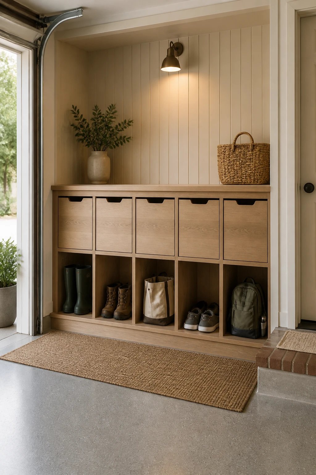 A tidy mudroom alcove featuring a row of uniform closed cubbies at knee- and waist-height, each with matching wooden bin slides, warm beadboard walls, and soft ambient lighting; the lower cubbies neatly store shoes and outdoor gear while the upper area remains uncluttered, in a natural wood-and-neutral palette.