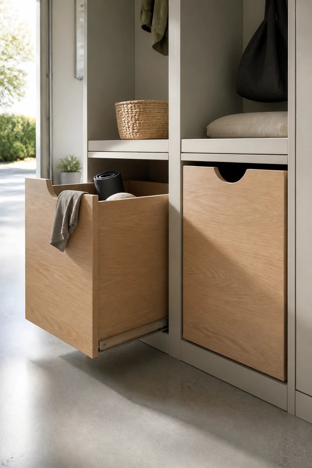 Close-up of a built-in cubby unit with sliding wooden bins, showing the smooth slide action and hidden storage feel; include crisp lines, hidden hardware, and a mix of light and shadow to emphasize organized, spa-like calm in an entryway setting.