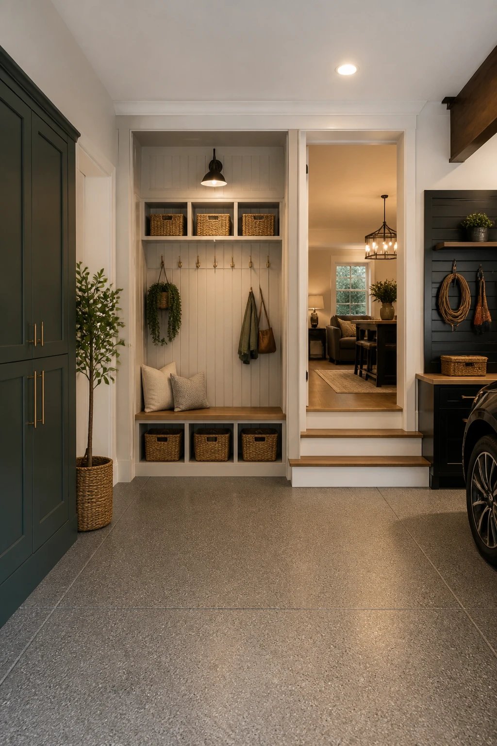 Wide-angle shot of a stylish garage-entry makeover: beadboard-walled mudroom with concealed storage, a bench integrated into the cubbies, baskets tucked in, and a clean, cohesive look that balances practical organization with warm, inviting textures.