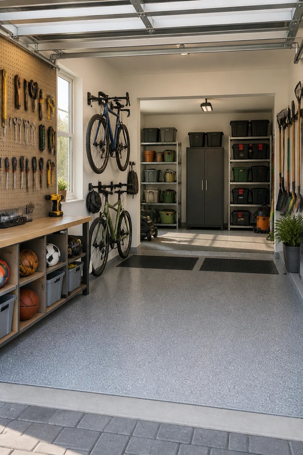 A well-organized two-zone garage layout: in the foreground, a front-of-garage area with mounted pegboard holding frequently used tools, wall-mounted bike rack with two bicycles, a small bench with open bins for sports gear, and labeled storage bins within easy reach; in the background, a back-of-garage zone with tall shelving units, bulky tool cases, gardening equipment, and a secure cabinet, all neatly arranged with clear pathways and safety zones, natural light flooding the space.