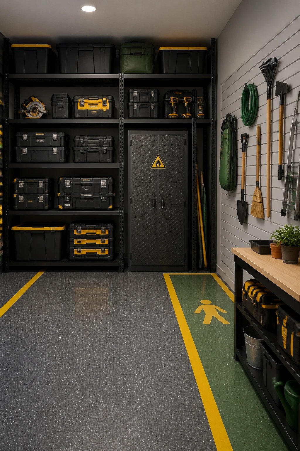 A “back-load” tool and bulky storage configuration: a tall, sturdy shelving wall holding large toolboxes, power tools in designated cases, gardening gear hung on wall hooks, and a locked cabinet for hazardous items, plus a side wall clearing a safe zone; overall shot showing the separation between high-traffic daily items and heavier, bulkier storage, with a clear visual emphasis on safety and accessibility.