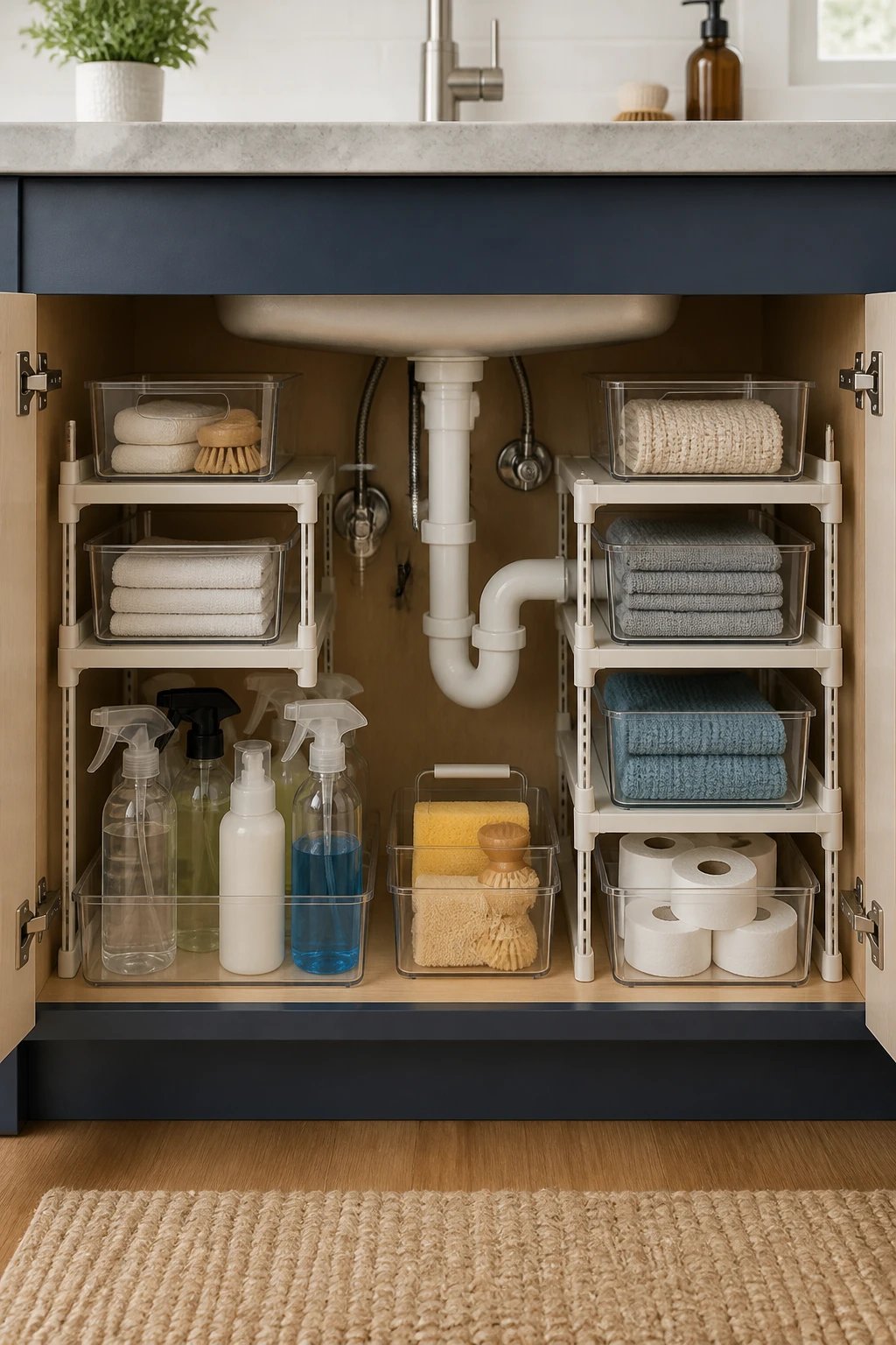 A neatly organized under-sink cabinet with adjustable layered organizers, labeled transparent bins facing outward, showcasing spray bottles, sponge caddy, and cloths in their designated spots, with visible pipes and valves at the back and a calm, well-lit kitchen setting.