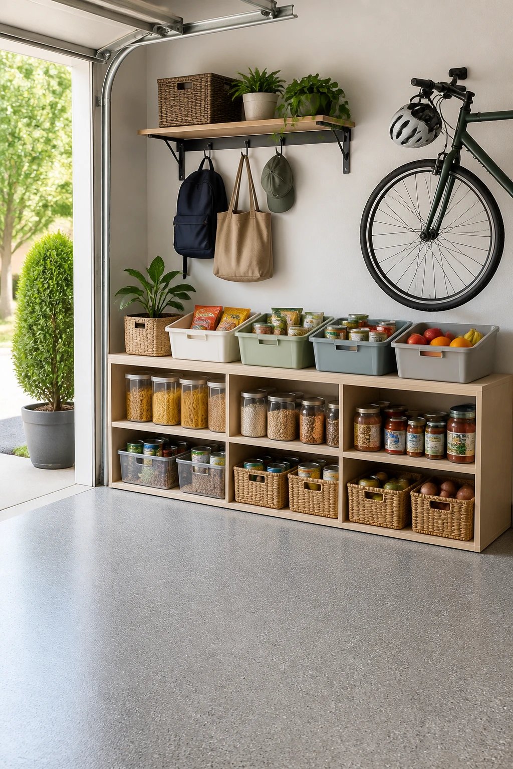 A precise “front-load” daily access setup: close-up of a pegboard wall with color-coded tool sections, a wall-mounted bike rack with two bikes, a low-height grab-and-go shelf for daily items, and open bins for helmets and gloves, with bright, organized labels and a clean, uncluttered floor.