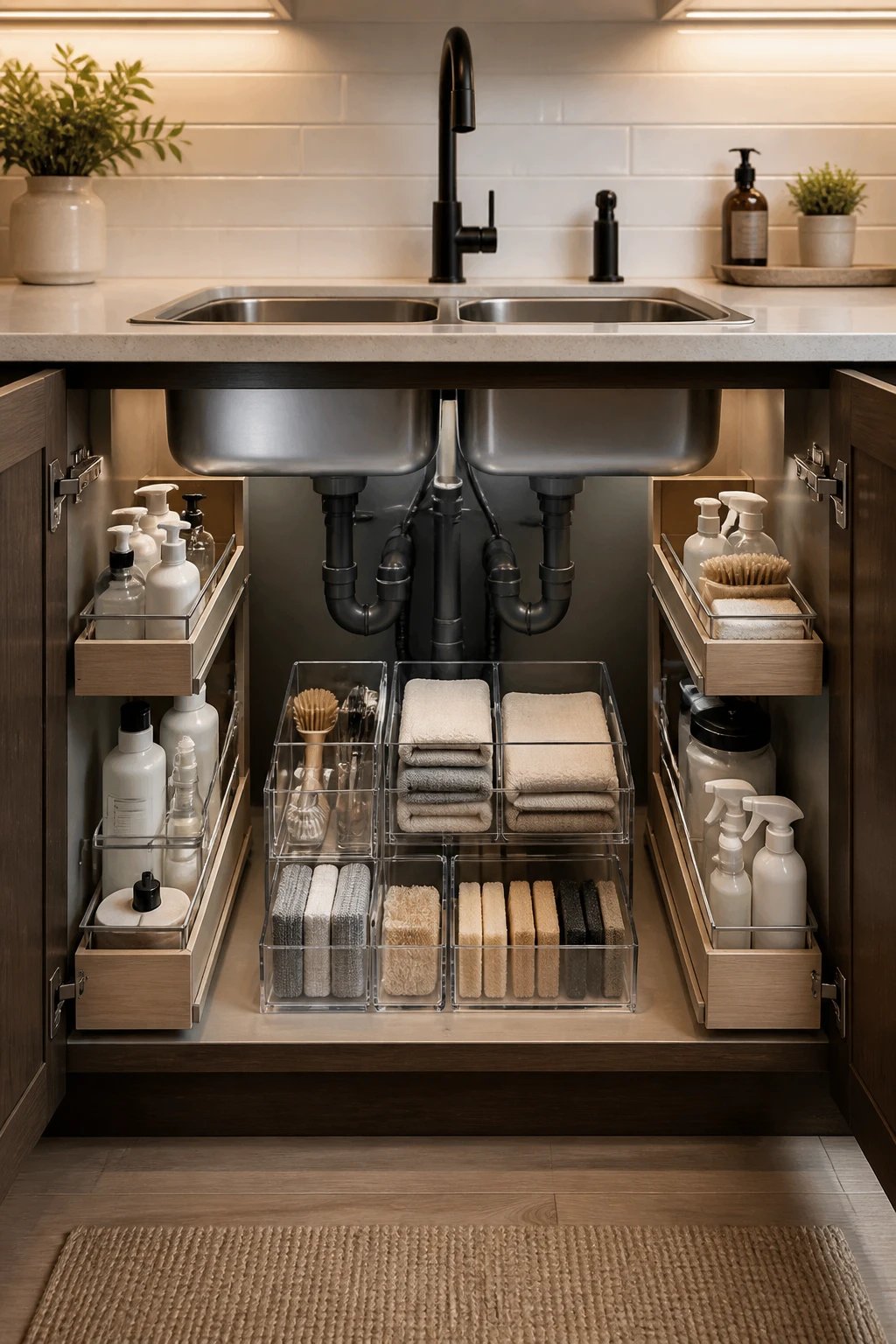 A Pinterest-worthy under-sink setup in a deep, narrow cabinet: slim pull-out drawers, wire or acrylic dividers, labeled containers, a tidy scrubber and cloth area, all aligned for easy access, with a clean backsplash and soft task lighting.