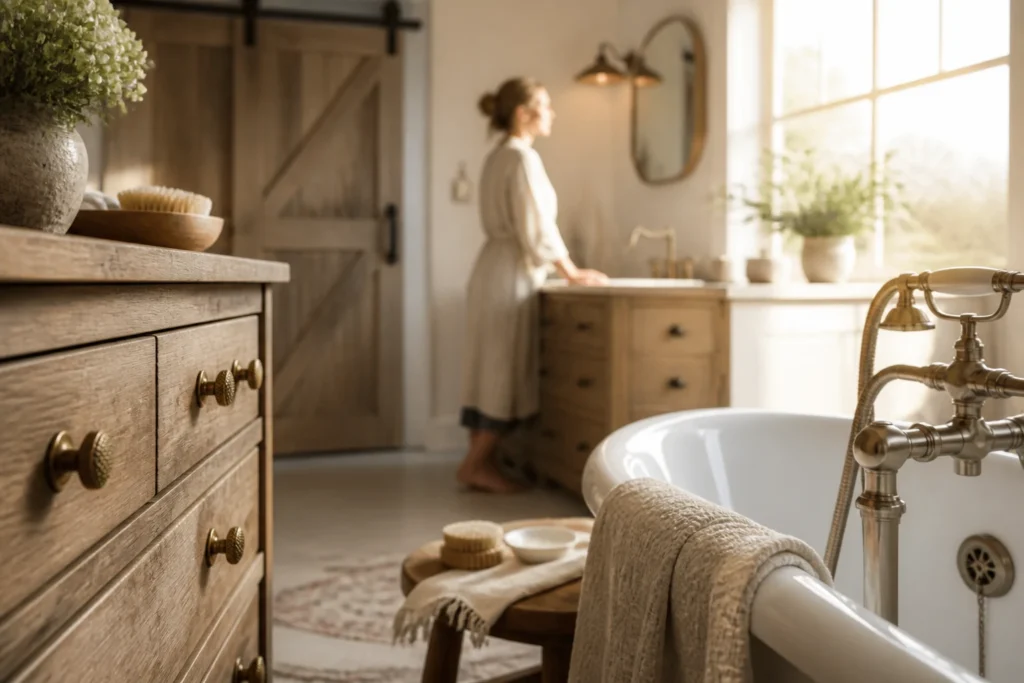 15 Farmhouse Bathroom Ideas with Vintage‑Style Hardware