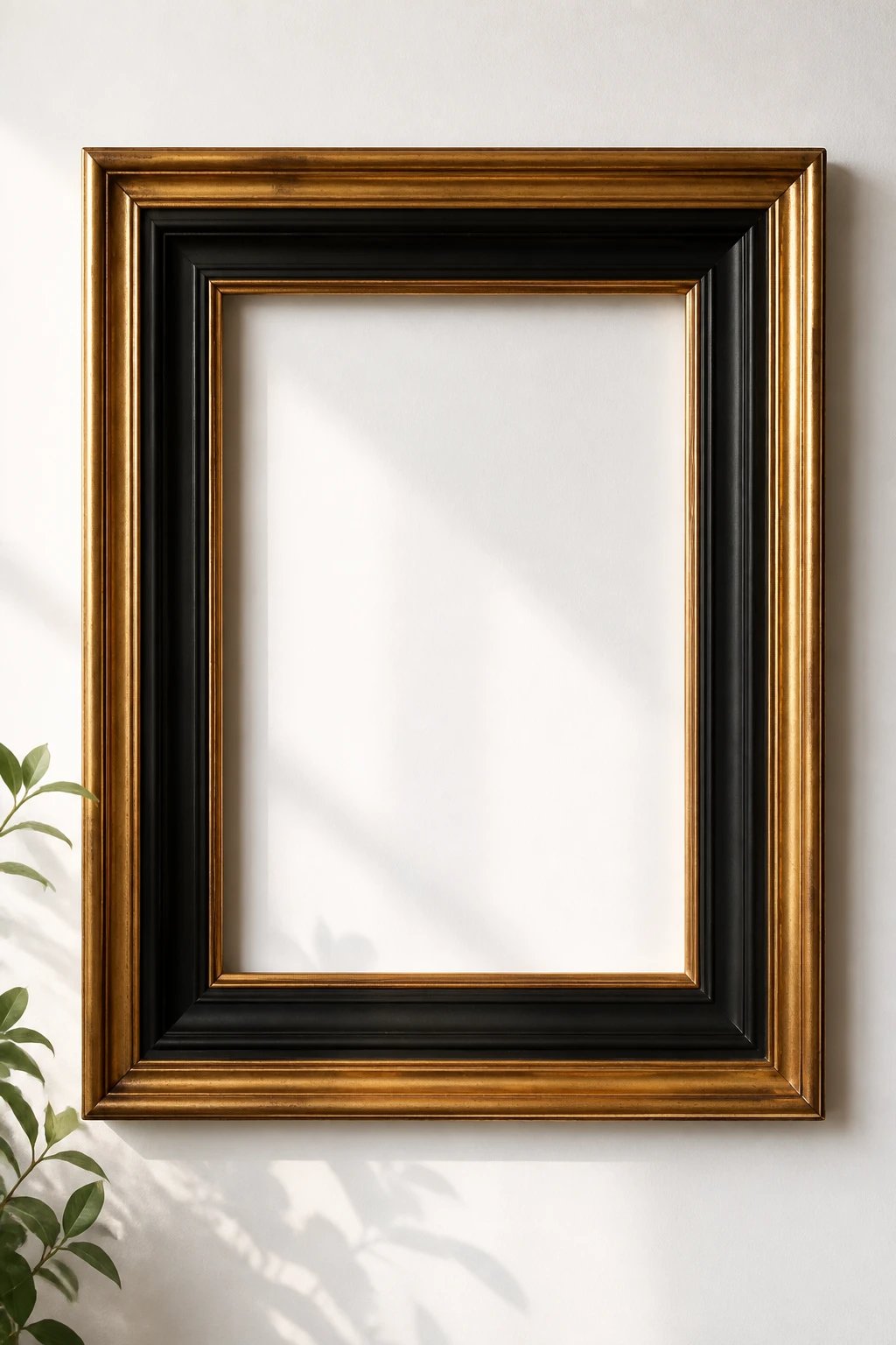 A large, vintage thrifted frame with a bold dual-tone design: inner area painted matte black, outer edge gleaming glossy gold, empty center ready to hold a canvas-style artwork, set against a clean white wall with soft natural lighting and a subtle plant shadow in the corner.