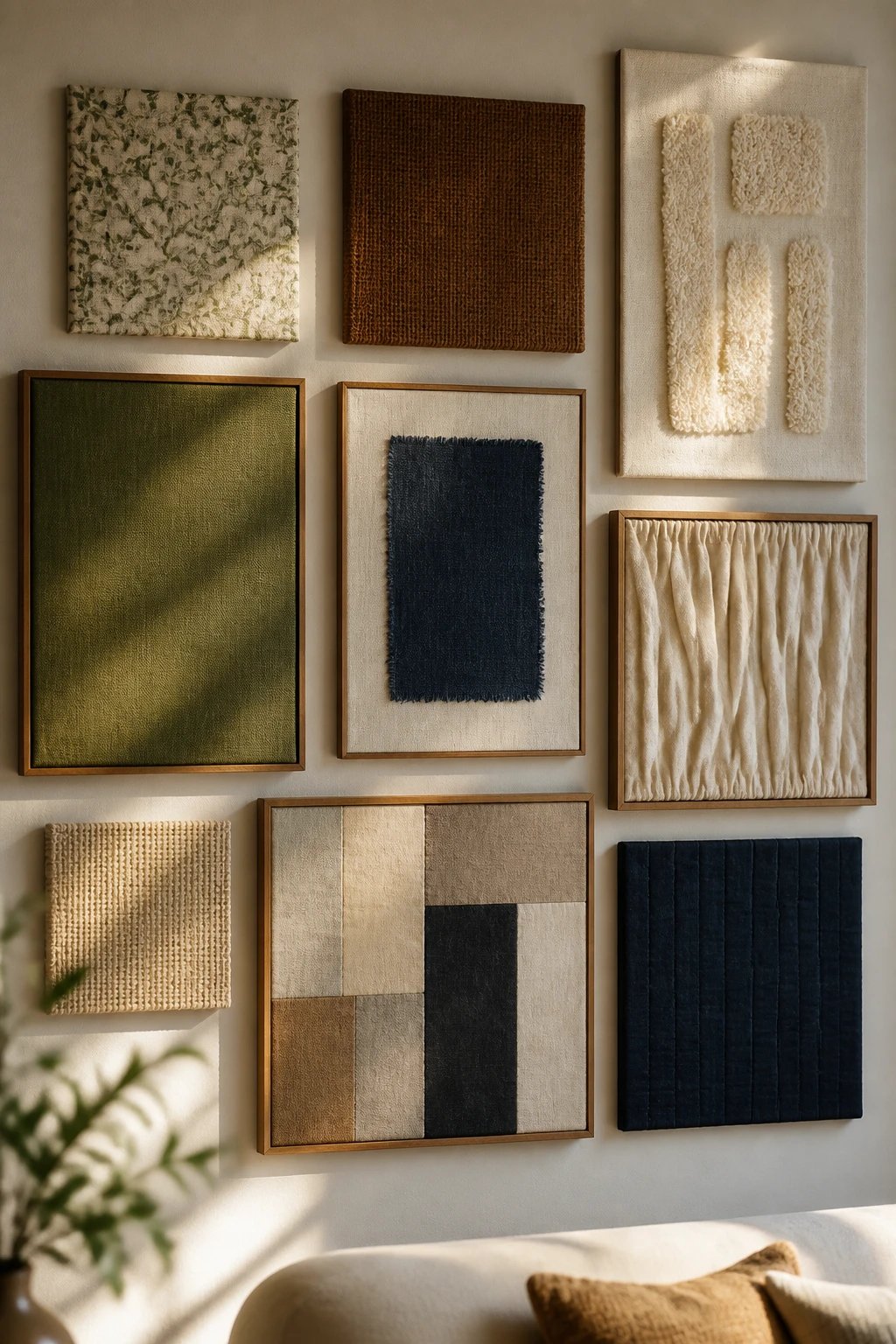 Close-up of a wall gallery featuring a mismatched collection of frames of varying sizes and finishes, centered around one oversized black frame with a gold lip, arranged in a cohesive grid-like layout in a sunlit living room.