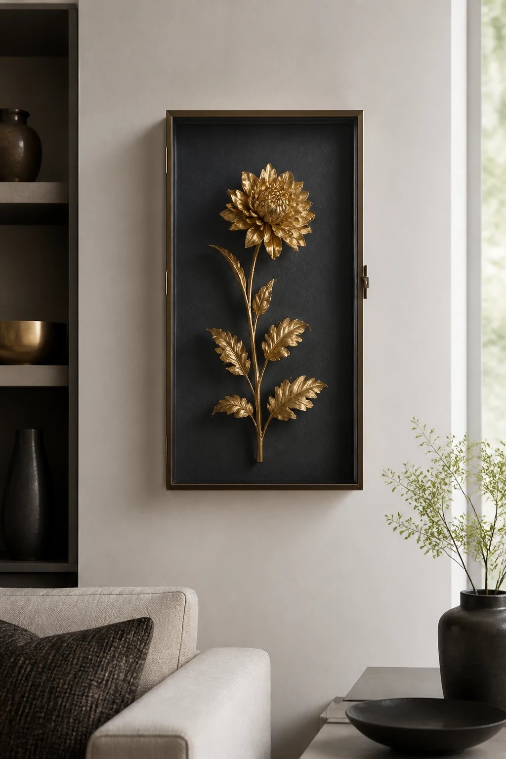 A chic, minimal living room wall with a single oversized thrifted frame, black interior and gold outer edge, displaying a high-contrast, modern abstract canvas print, flanked by two smaller neutral-toned frames, all under warm ambient lighting.