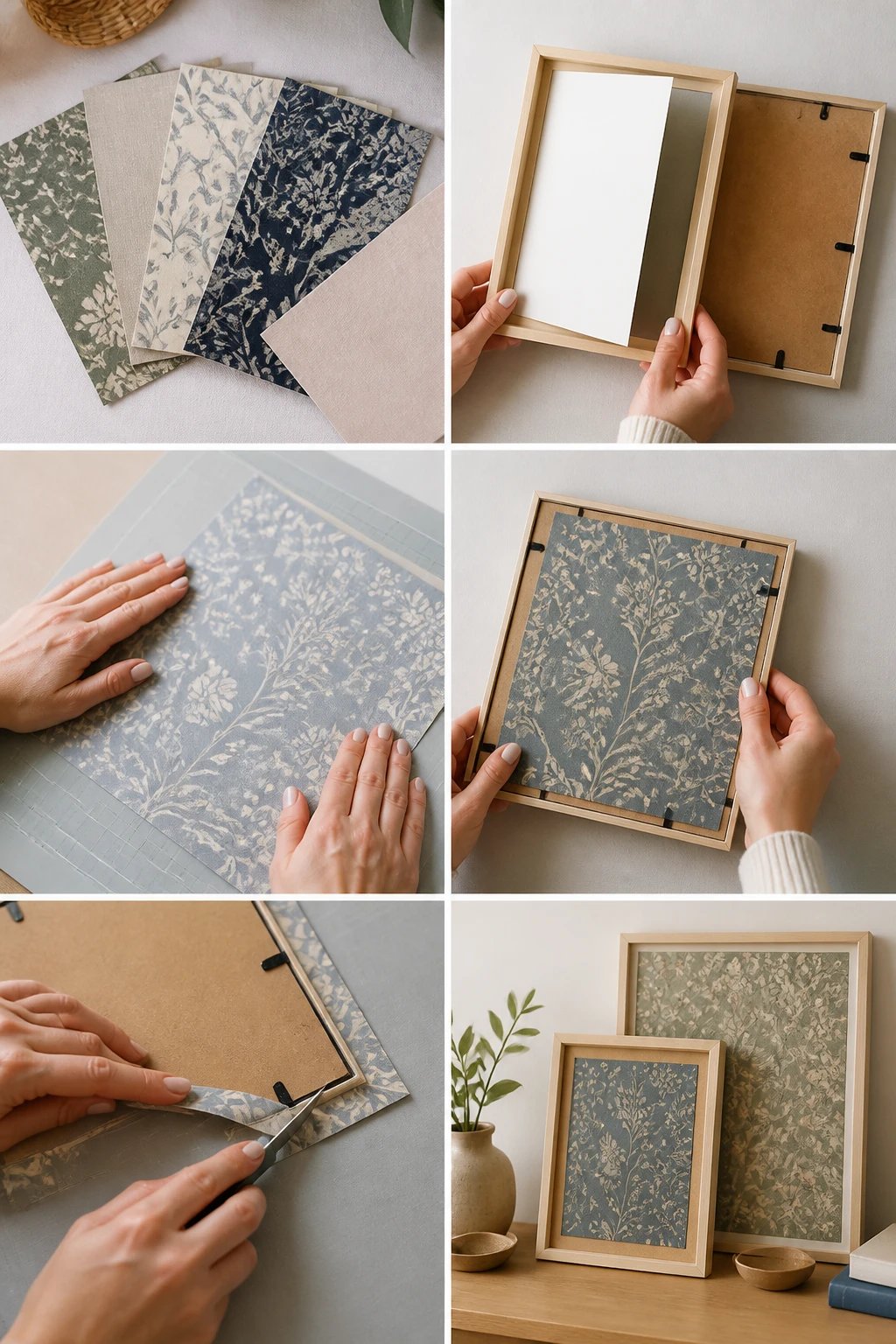 A DIY wall art setup showing the process: hands removing broken glass from an old large frame, painting the inner area black and the outer edge gold, with a painter’s tape line along the dual-tone boundary and a printed canvas-style image ready to be inserted on a studio table.