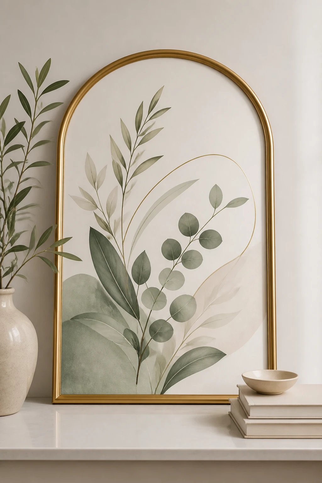 A stylish gallery wall concept in a neutral-toned hallway: one dominant black-centered frame with a bright gold outer edge, surrounded by complementary frames in black, white, and wood tones, featuring luxe textures like a subtle velvet poster and a canvas print, with soft directional lighting casting gentle shadows.