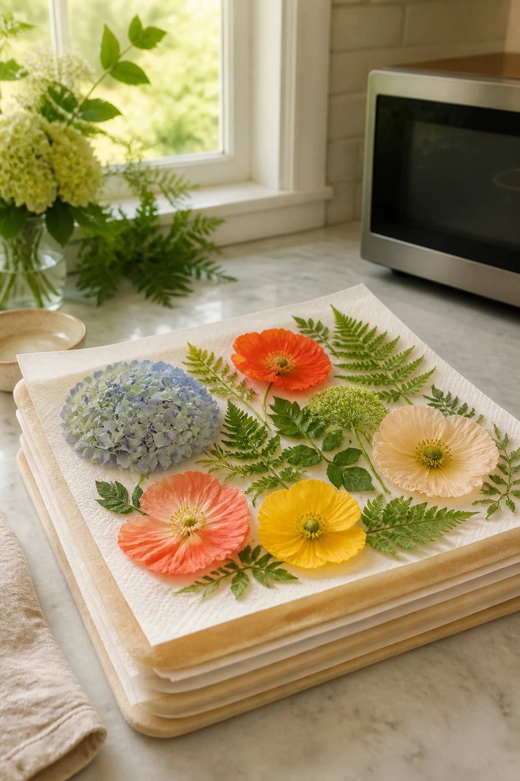 A bright, cozy kitchen countertop scene with assorted fresh flowers (poppies, hydrangea, ferns, and greenery) neatly arranged in a small stack of microwave-safe press-and-dry materials, ready to be microwaved, natural light streaming through a window in the background.