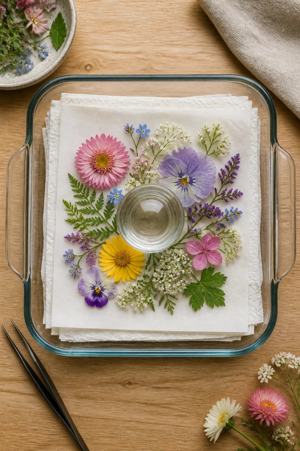 Overhead shot of a DIY pressed flower setup: a microwave-safe glass dish layered with absorbent paper and parchment, a colorful bouquet of delicate blooms arranged with leaves, a small glass weight on top to press flat, and a minimalist wooden table.