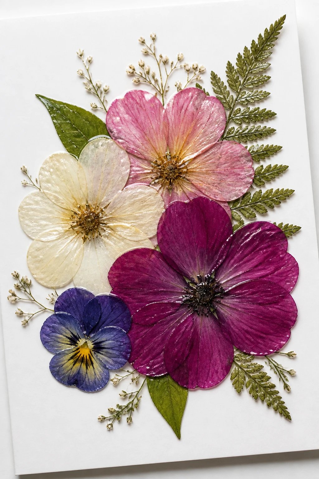 Close-up macro of a finished glossy pressed flower arrangement: translucent petals, rich color preservation, a few leaves and ferns adding texture, all mounted on a simple white card with a faint shadow, no text visible.