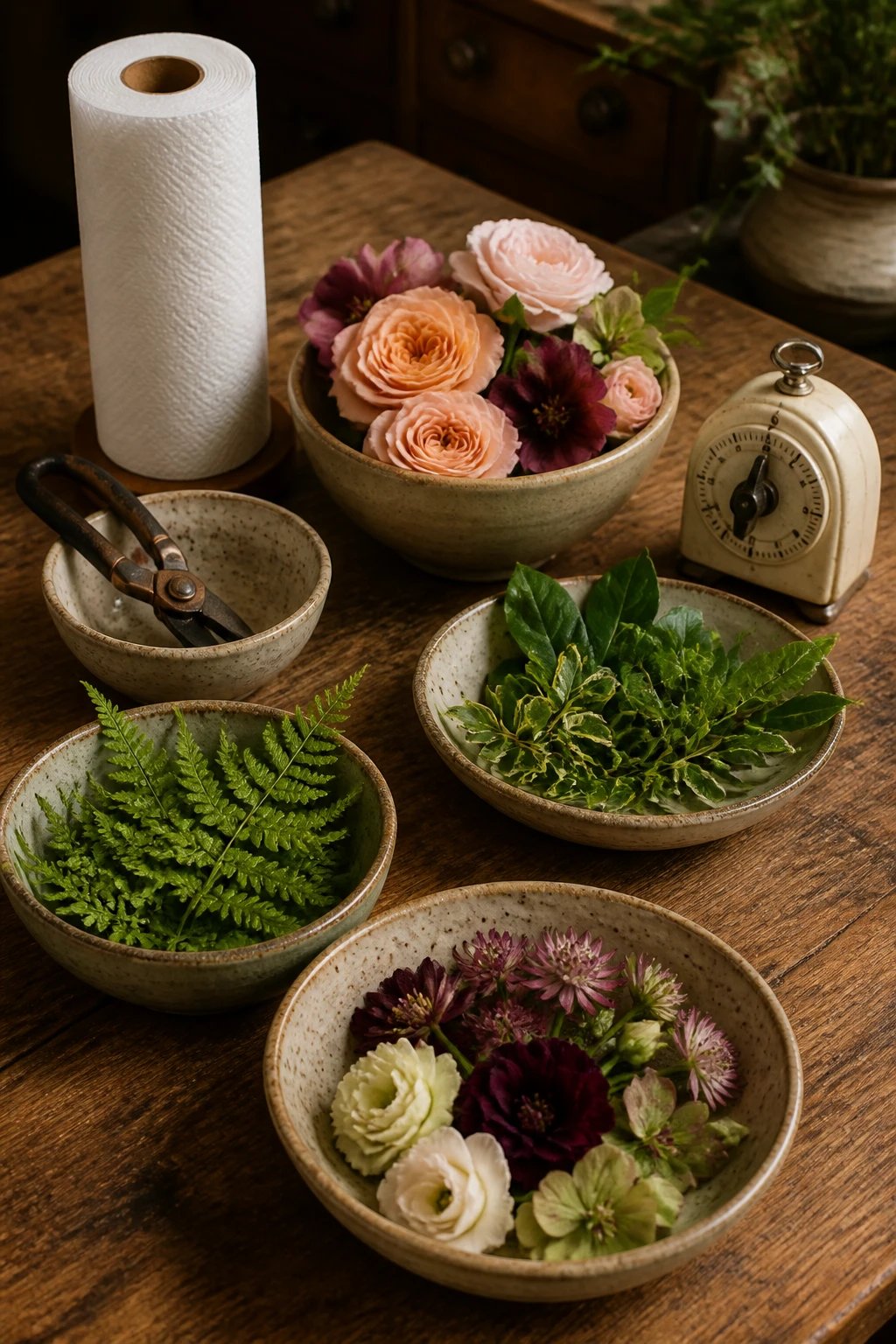 A step-by-step still composition: small bowls containing clipper scissors, a selection of blooms, leaves and ferns, a roll of paper towels, and a vintage kitchen timer, arranged on a rustic wooden counter with warm lighting.