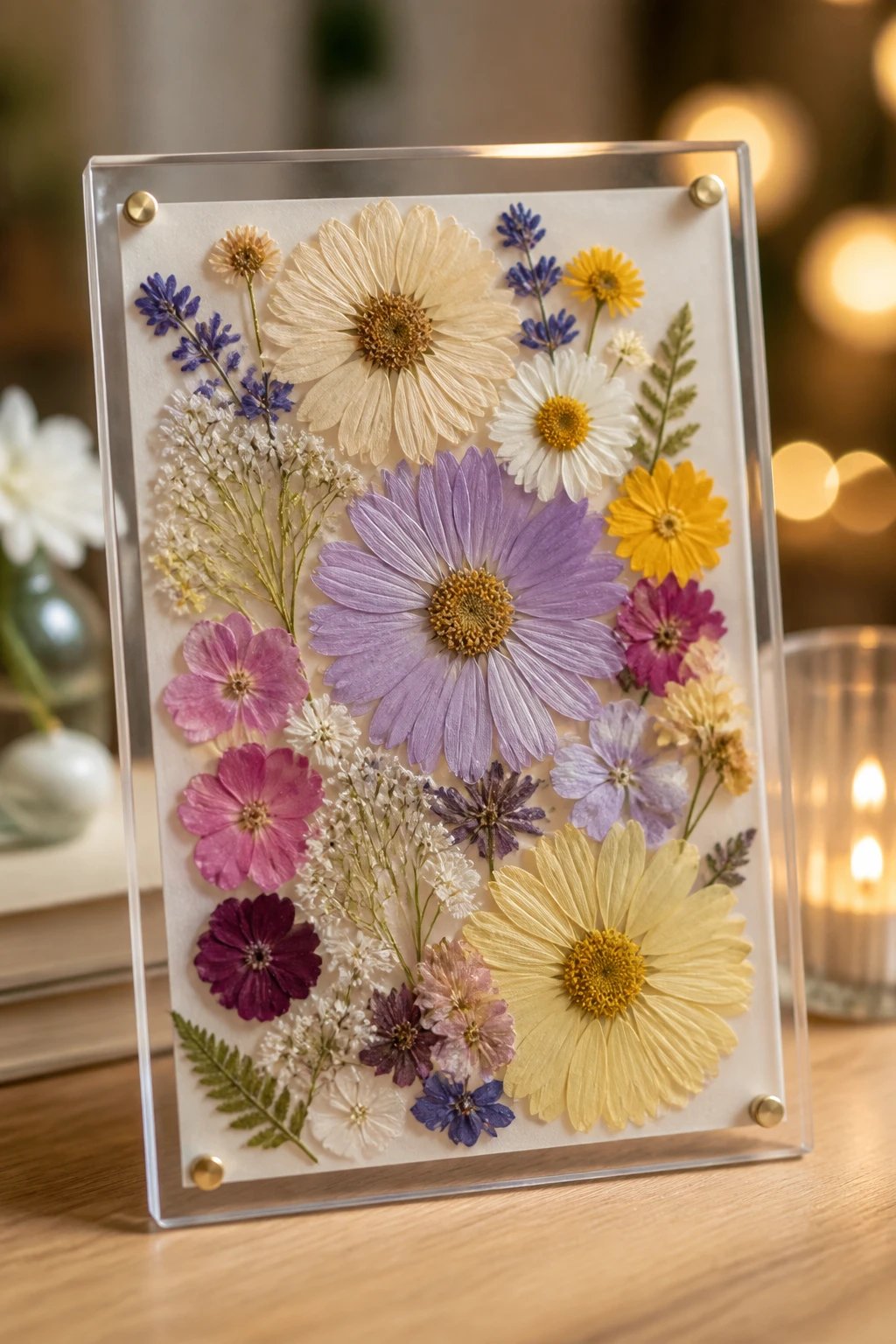 A finished art piece featuring multiple pressed flowers under a glossy protective coating on a clear acrylic surface, stacked in a collage frame with a soft bokeh background and no visible branding or text.