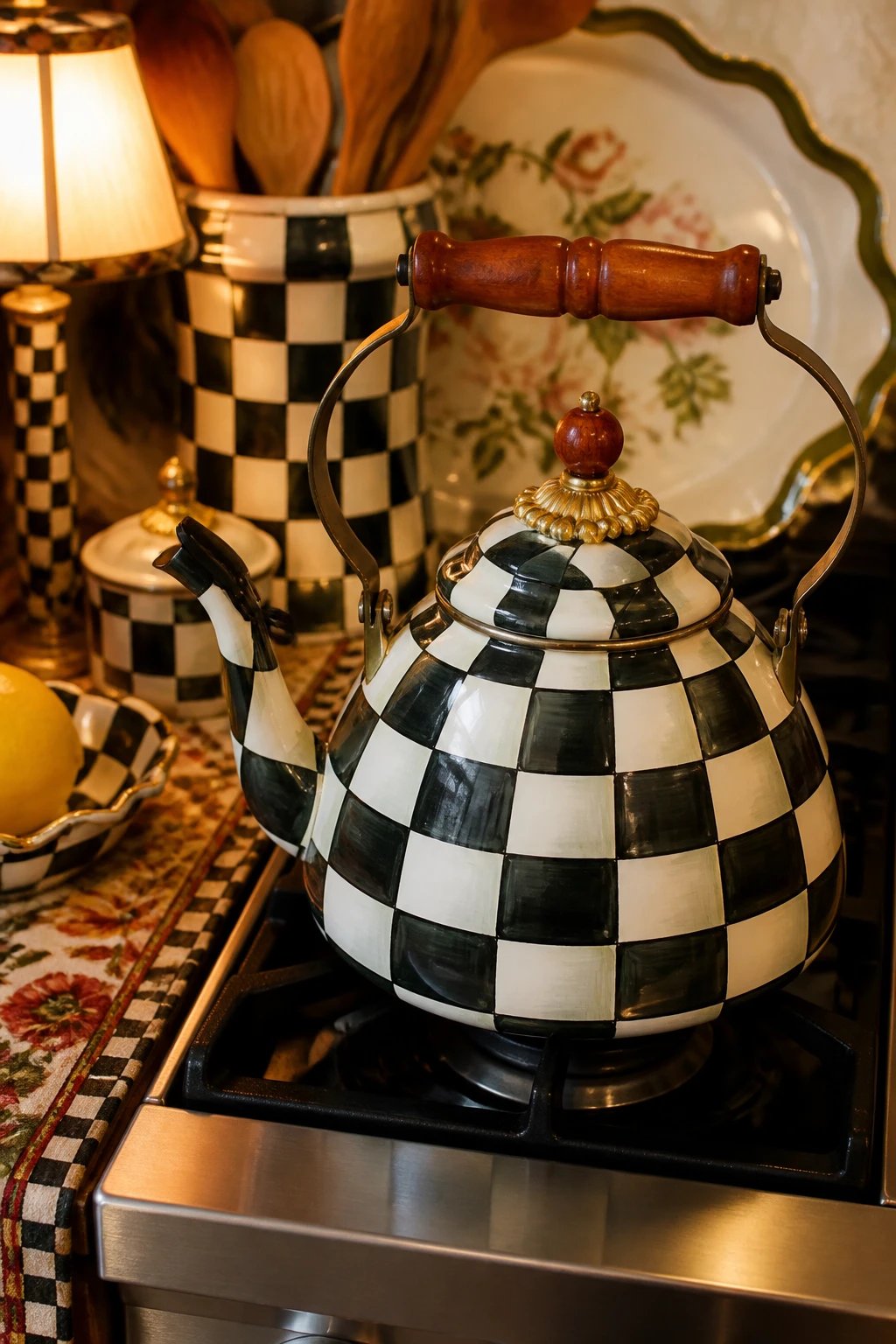 A close-up staged kitchen scene featuring a MacKenzie-Childs Courtly Check two-quart tea kettle on a stove, wood-toned handle visible, brass bead accent, with warm ambient lighting and a subtly cluttered but curated counter displaying enamelware pieces and a patterned table runner.
