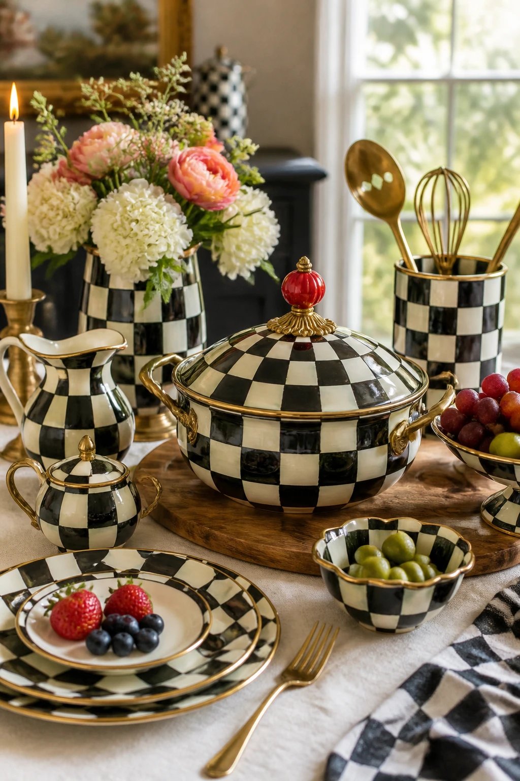 A tabletop still life highlighting a Courtly Check enamelware collection arranged as a centerpiece: bold black-and-white checkware mixed with brass-accented utensils, a wooden serving board, and soft natural light streaming from a window, creating a modern whimsical vibe.