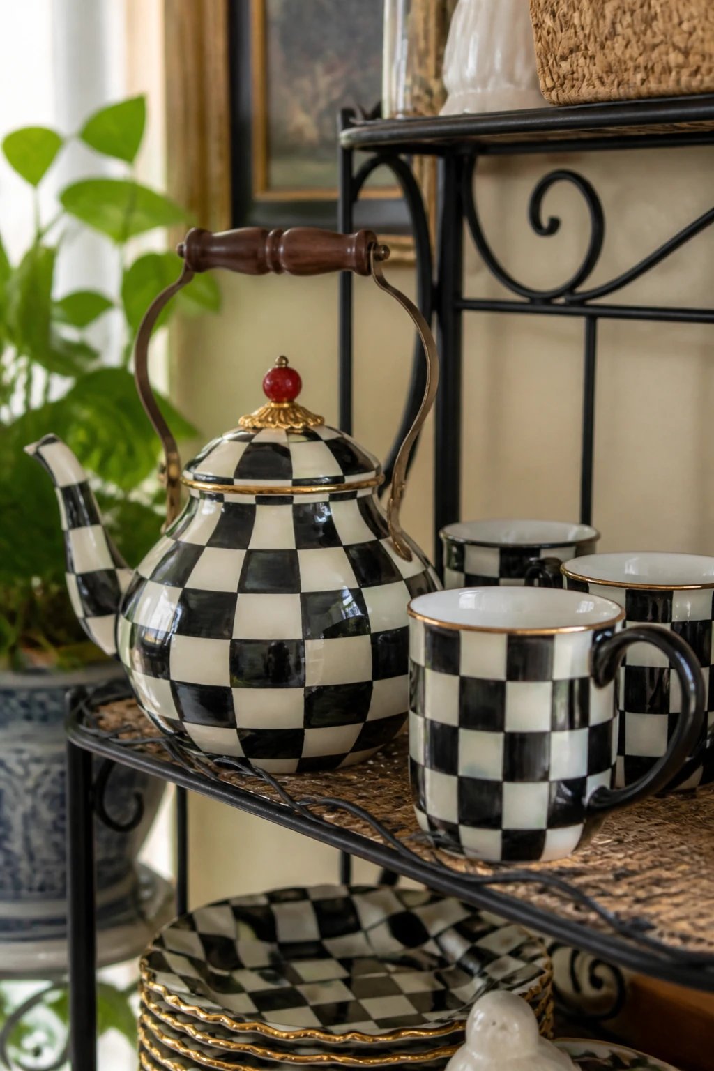 A candid-style kitchen nook with a glossy Courtly Check teapot and matching mugs on a baker’s rack, light-reflective surfaces, and a hint of greenery in the background, conveying a lived-in yet deliberately styled home moment.